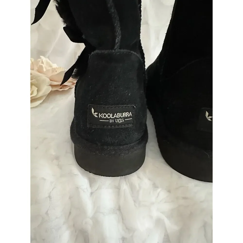 Kolaburra by UGG Victoria Black Suede Mid Calf Boots Women’s Size 11 Bows CLEAN